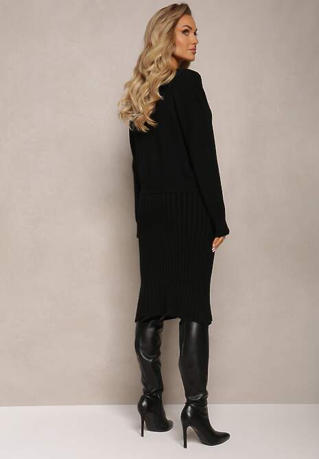 Czarny 2-częściowy Komplet Dzianinowy z Sukienką i Kardiganem Finariel
