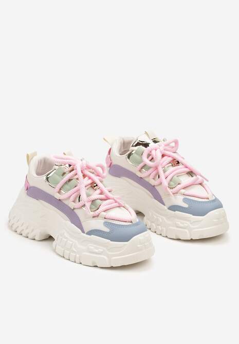 Biało-Różowe Sneakersy z Podwójnymi Sznurówkami i Tłoczoną Platformą Luppoa