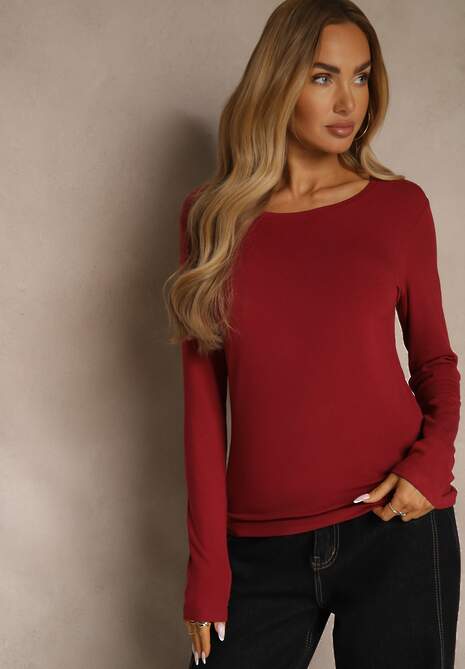 Bordowa Casualowa Bluzka Longsleeve z Okrągłym Dekoltem Unaladesa