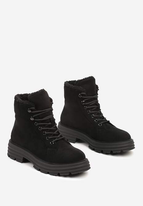 Czarne Traperki na Grubej Podeszwie z Futerkowym Zdobieniem Narinora