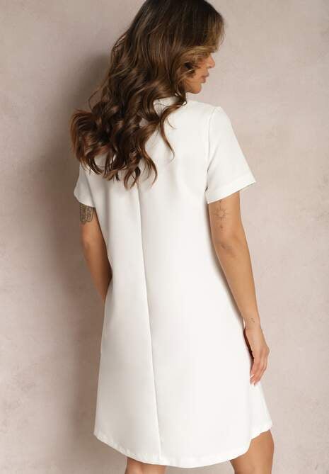 Biała Trapezowa Sukienka Mini z Krótkim Rękawem i Kieszeniami Vrea