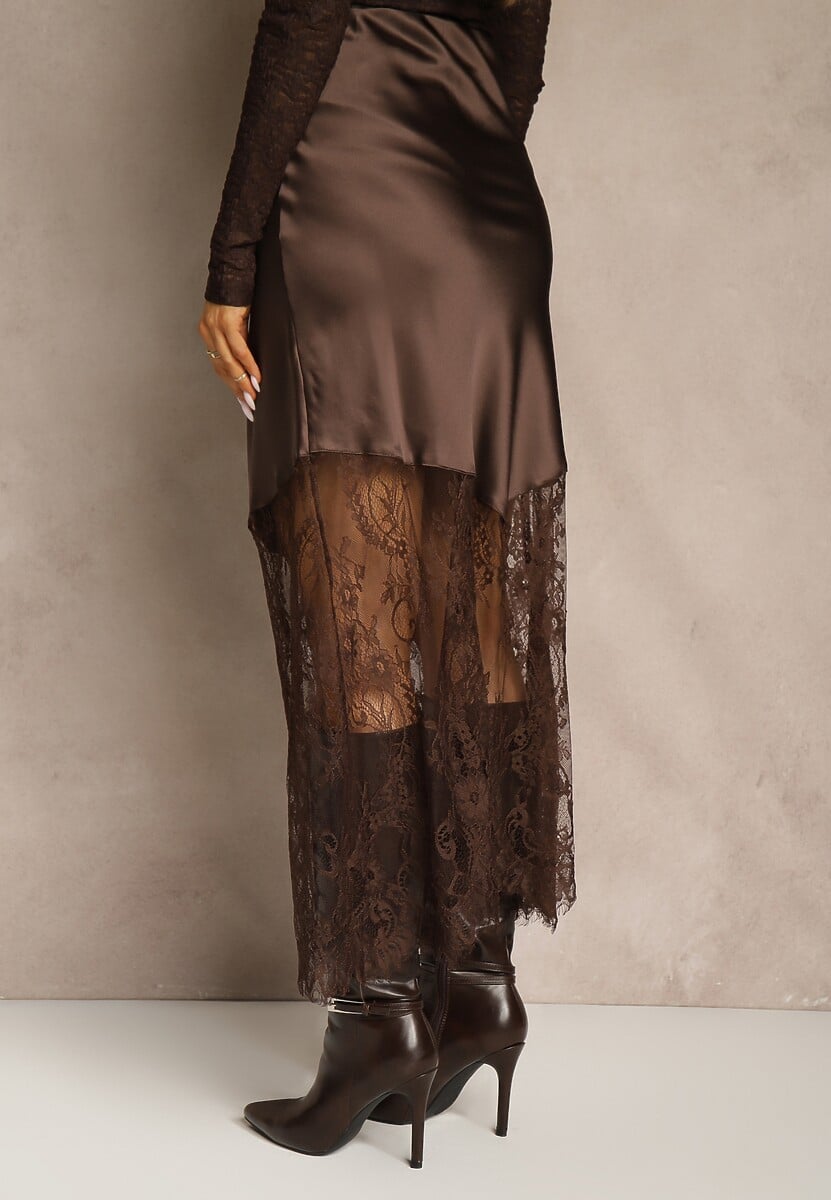 Brązowa Koktajlowa Spódnica z Satyny z Koronką Avelori