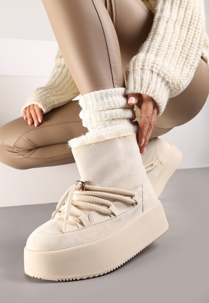 Beżowe Śniegowce na Grubej Podeszwie Bez Zapięć z Imitacją Sznurowadeł Kaithena