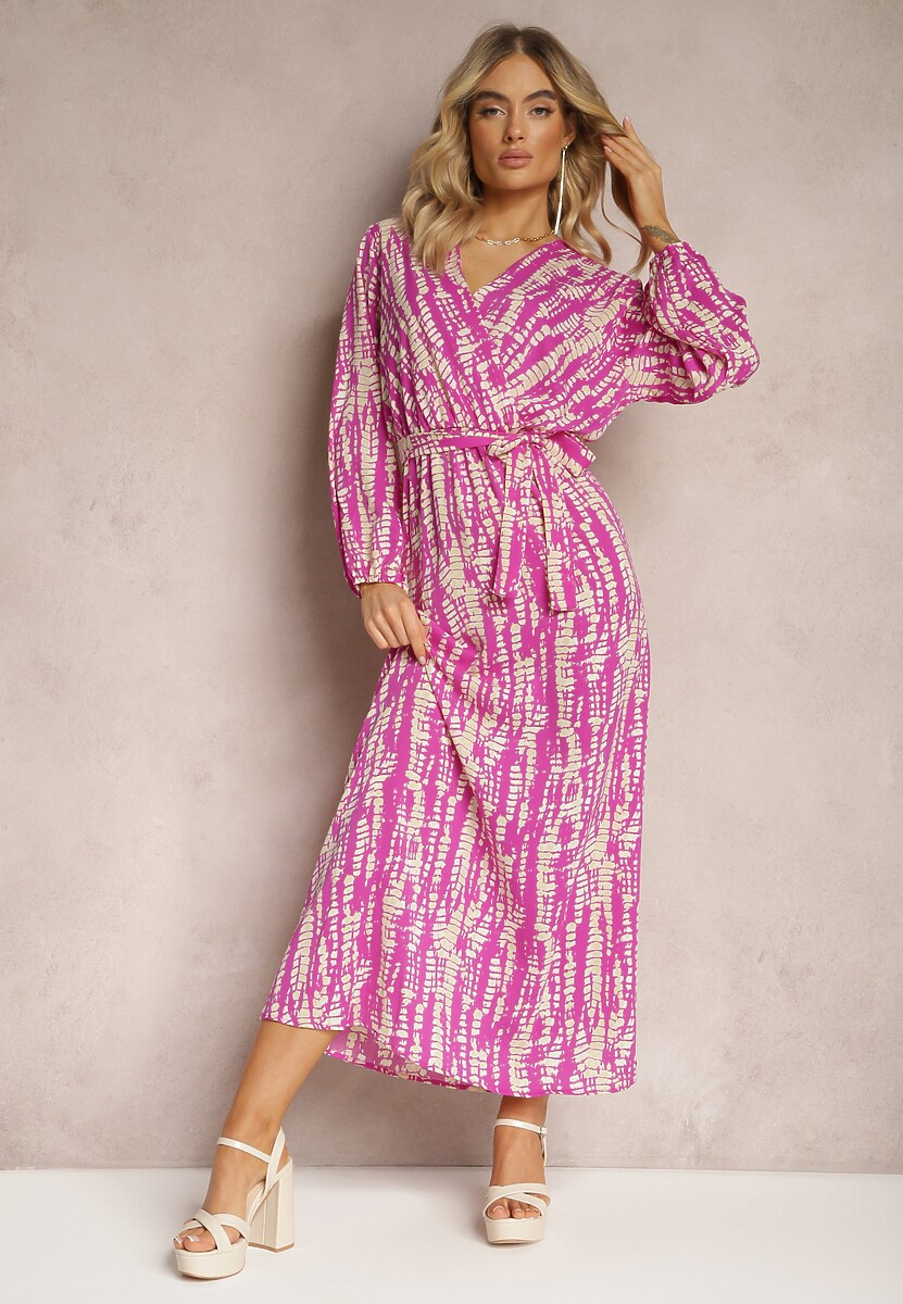 Pomarańczowa Długa Kopertowa Sukienka z Abstrakcyjnym Motywem i Paskiem w Talii Delphinna