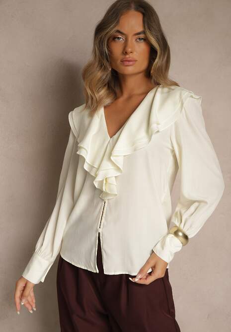 Jasnobeżowa Koszula Vices z Dekoltem z Falbanami i Bufiastymi Rękawami Zoiruna