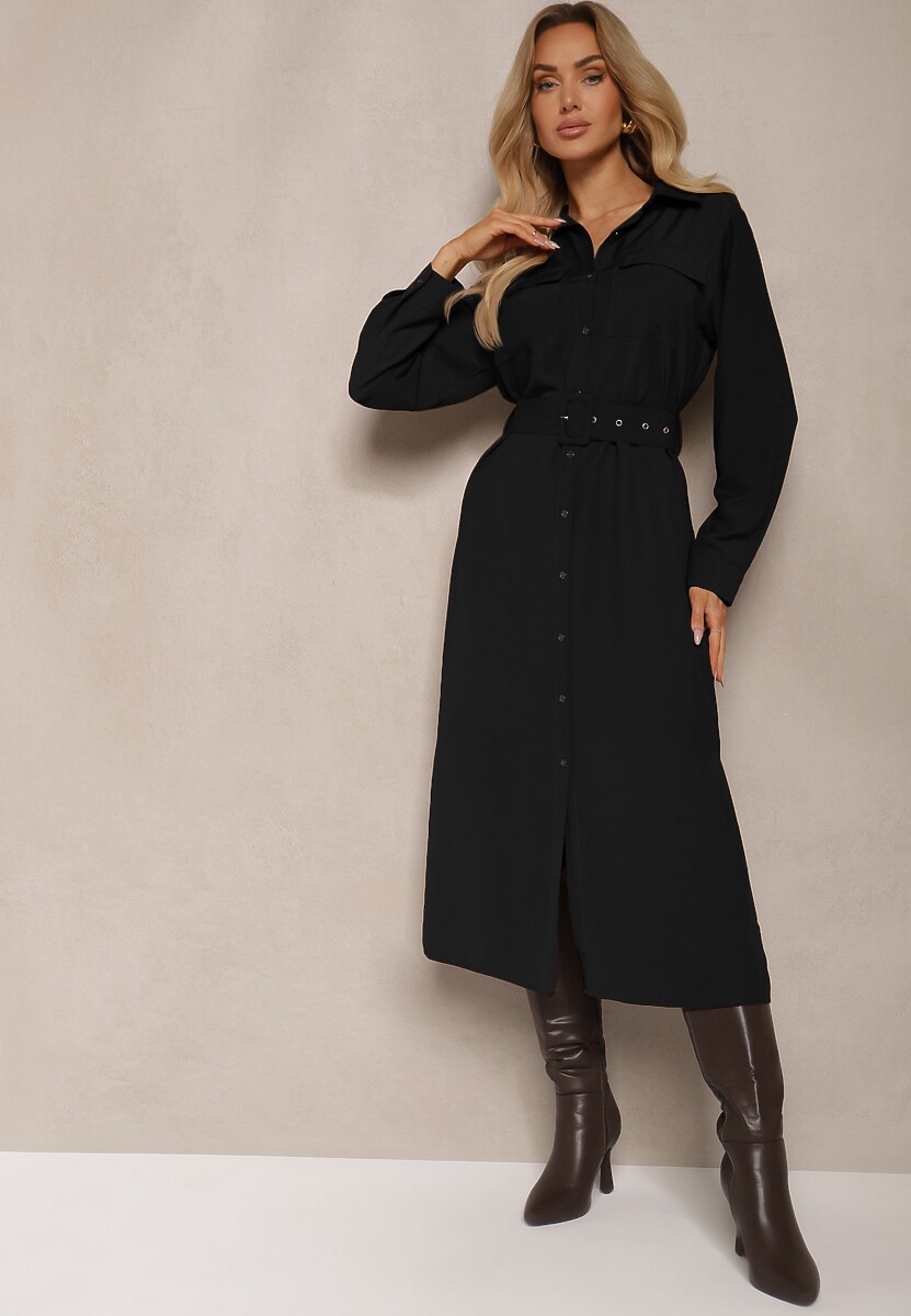 Beżowa Sukienka Koszulowa o Rozkloszowanym Kroju z Paskiem i Kieszeniami z Klapami Rinnisa