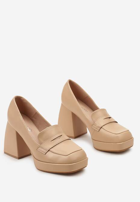 Beżowe Czółenka z Noskiem w Kwadrat na Słupku i Platformie z Ozdobnym Wycięciem Drizona