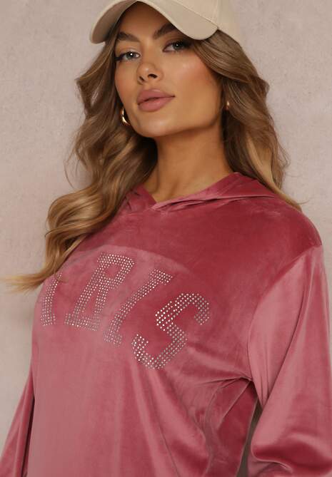 Ciemnoróżowy 2-częściowy Welurowy Komplet Dresowy z Bluzą i Spodniami Yamiya