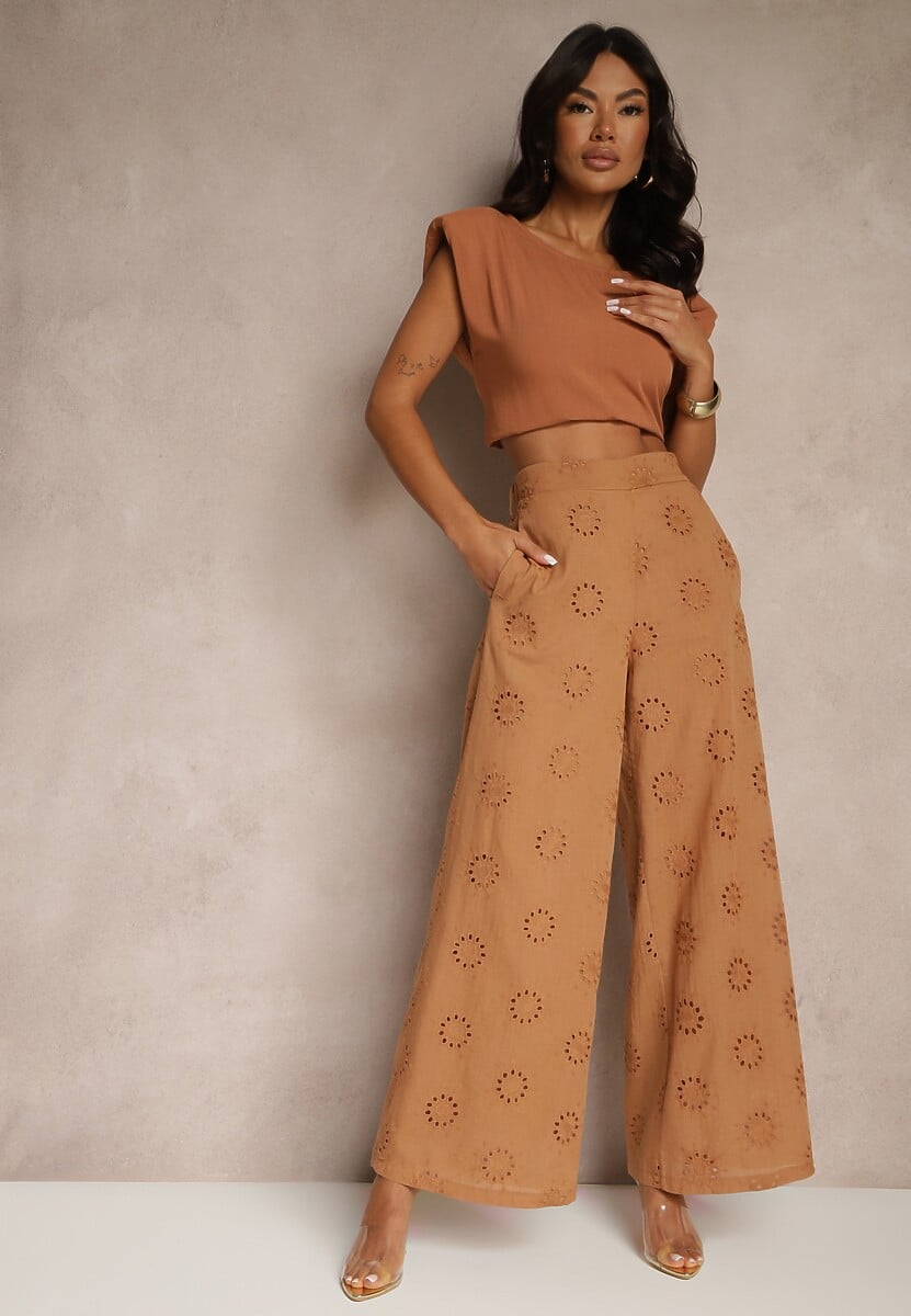 Czarne Proste Spodnie z Bawełny z Haftem i Ażurowymi Zdobieniami Tolazia