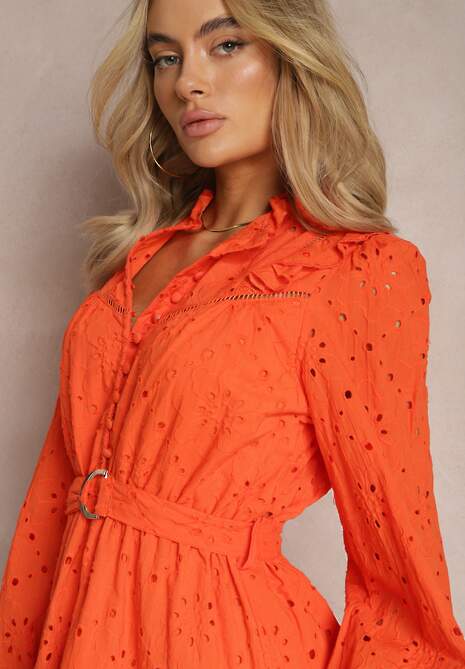 Pomarańczowa Bawełniana Sukienka o Rozkloszowanym Fasonie z Ozdobnym Haftowaniem Bealiosa
