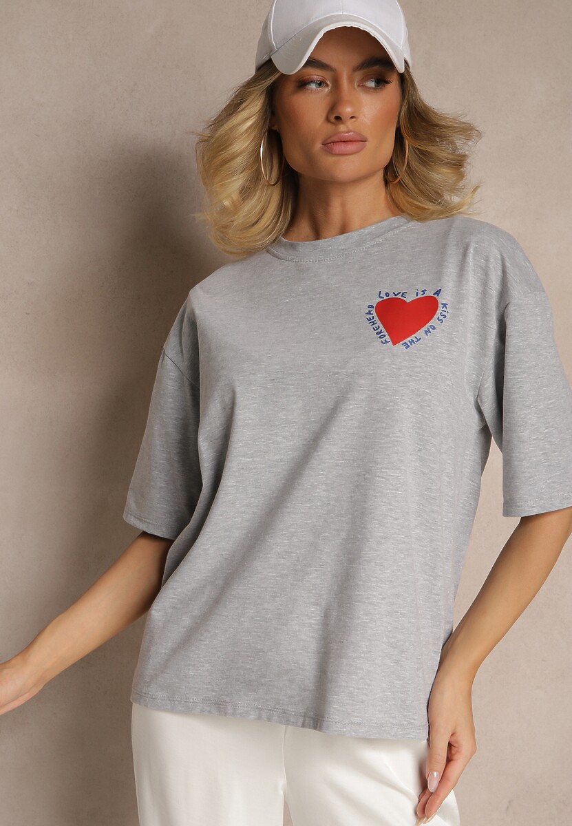 Szary T-shirt z Bawełny Ozdobiony Sercem Ranira