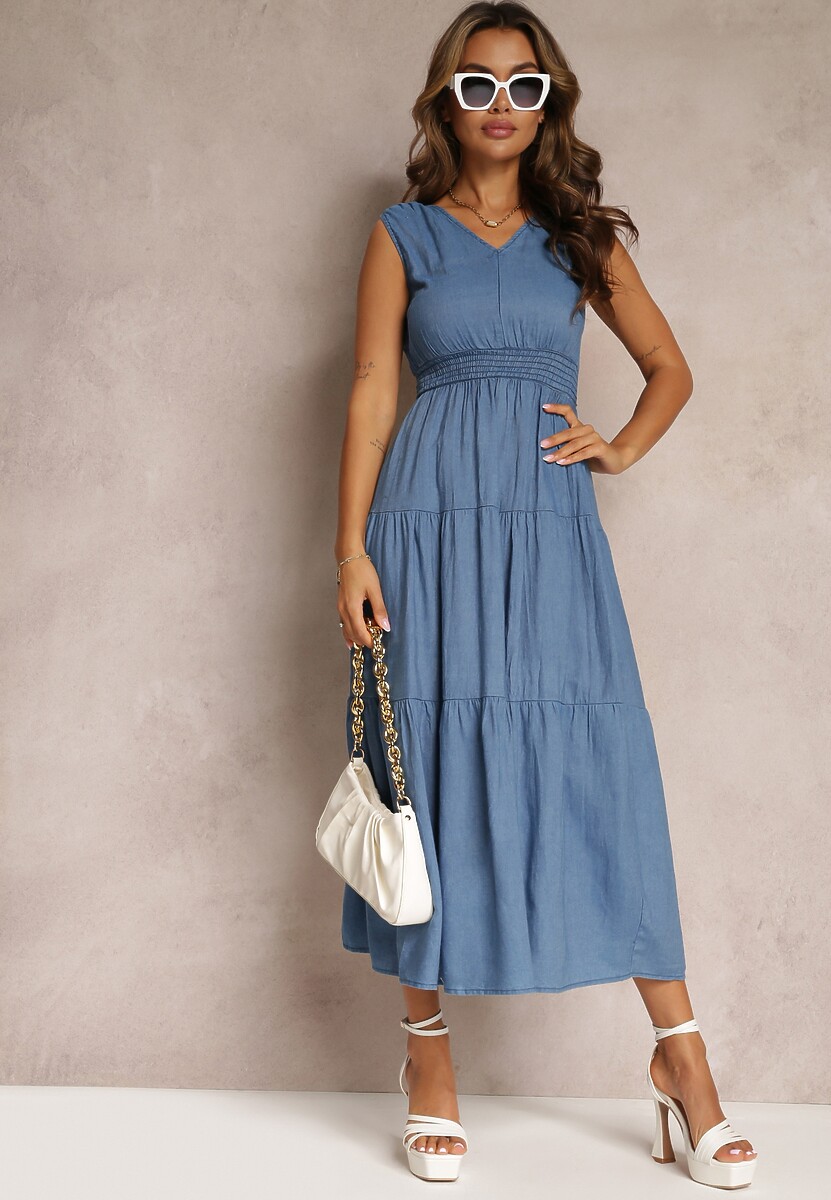 Niebieska Rozkloszowana Sukienka z Falbanką i Wiązaniem na Plecach Rawdyn