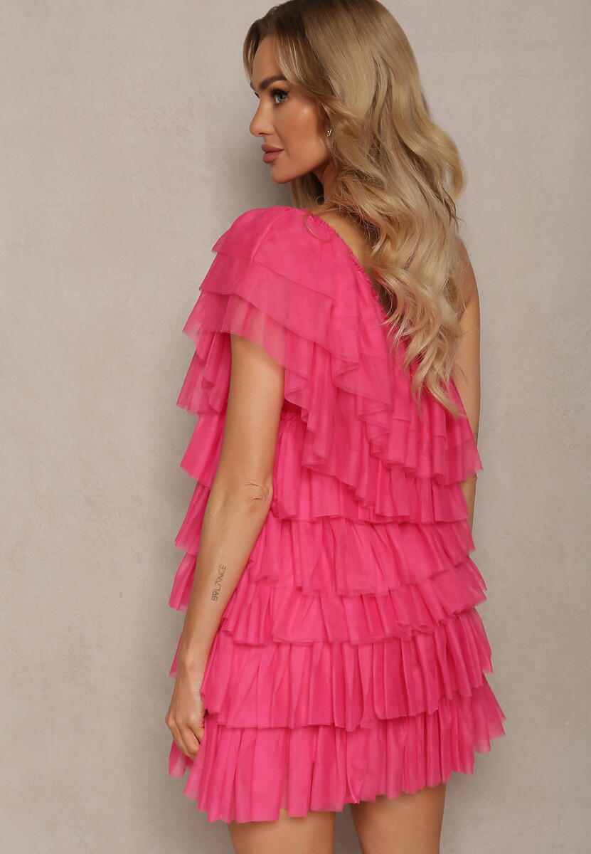 Fuksjowa Rozkloszowana Sukienka Mini z Falbankami i Asymetrycznymi Ramionami Liurtta