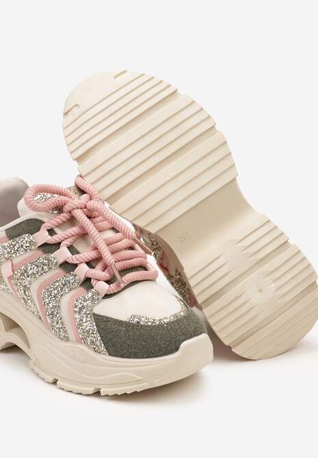 Beżowo-Zielone Sznurowane Sneakersy na Platformie Ozdobione Brokatem Ewla