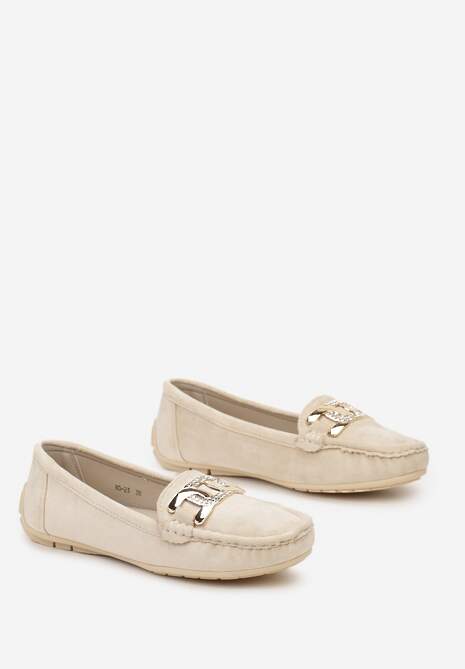 Beżowe Płaskie Mokasyny z Ekozamszu Ozdobione Klamrą z Cyrkoniami Tailer
