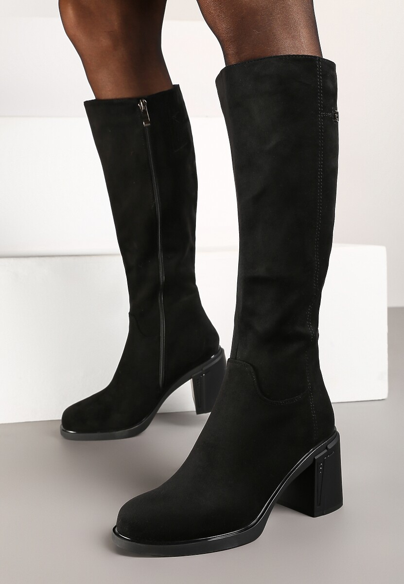 Ciemnobeżowe Kozaki na Słupku w Stylu Muszkieterek Cediara