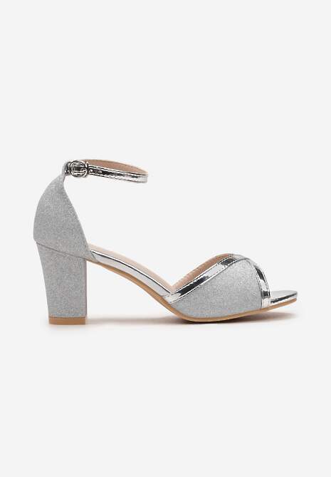 Srebrne Brokatowe Sandały ze Sprzączką na Słupku z Metalicznymi Wstawkami Alpireva