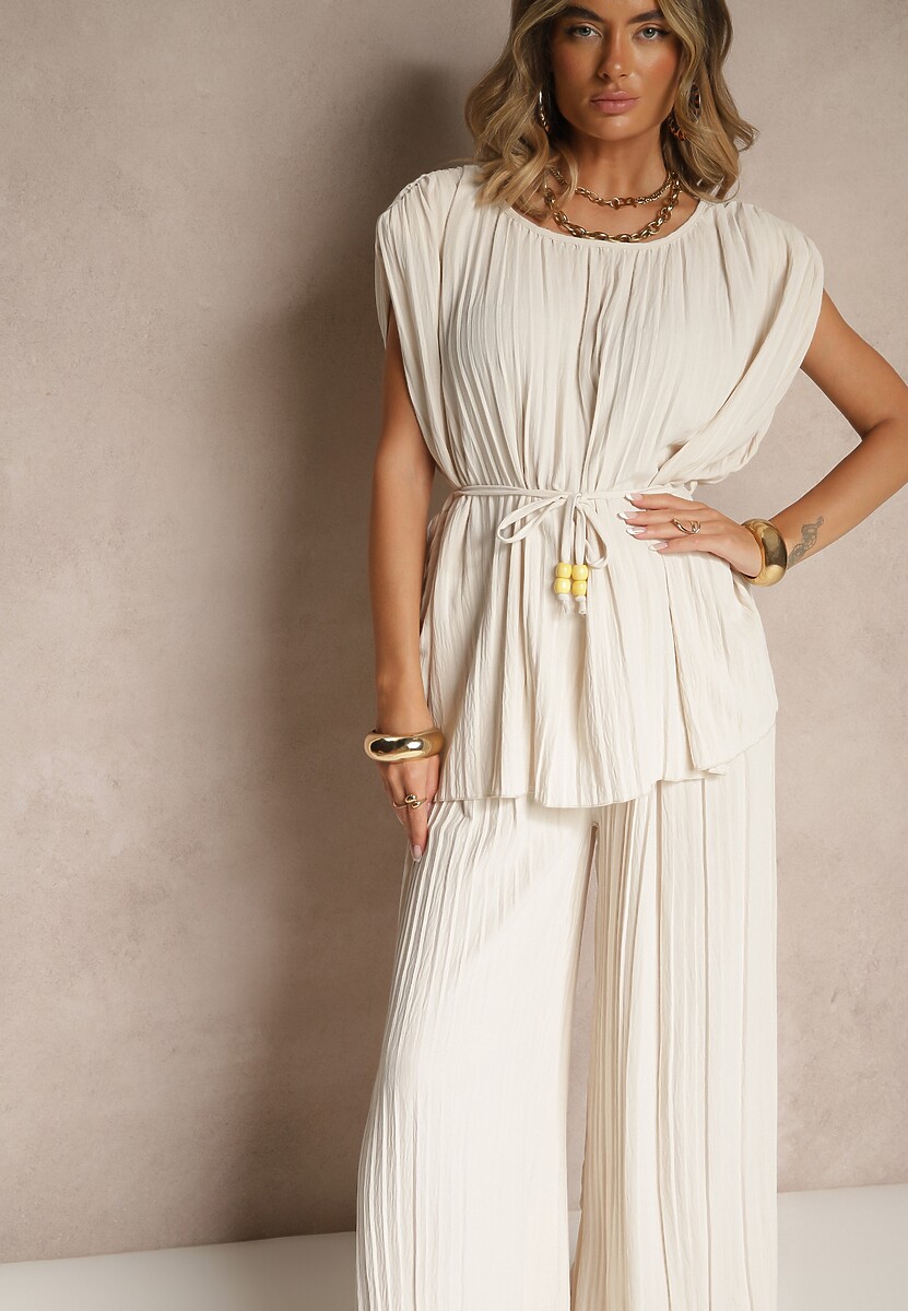 Ciemnozielony Komplet Spodnie o Szerokim Kroju i Bluzka z Usztywnioną Linią Ramion Nilamira