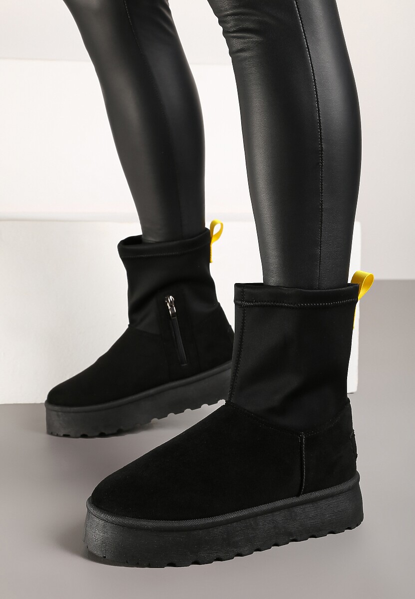 Czarne Płaskie Ocieplane Śniegowce z Elastyczną Cholewką Sevidia