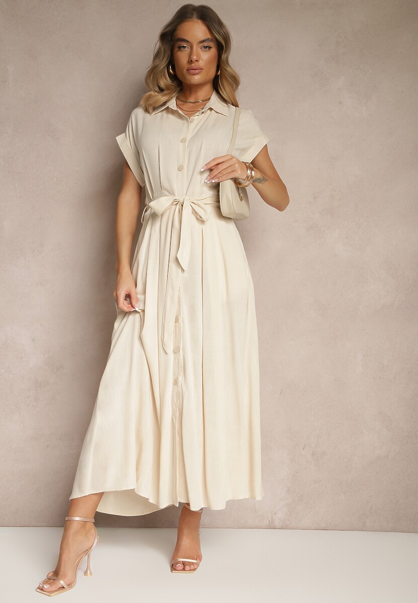 Beżowa Koszulowa Sukienka z Wiskozy z Paskiem Rinaira