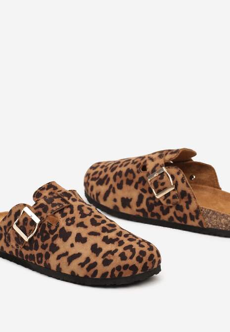 Brązowe Klapki w Panterkę na Płaskiej Podeszwie z Korka z Klamerką i Okrągłym Noskiem Shamsa