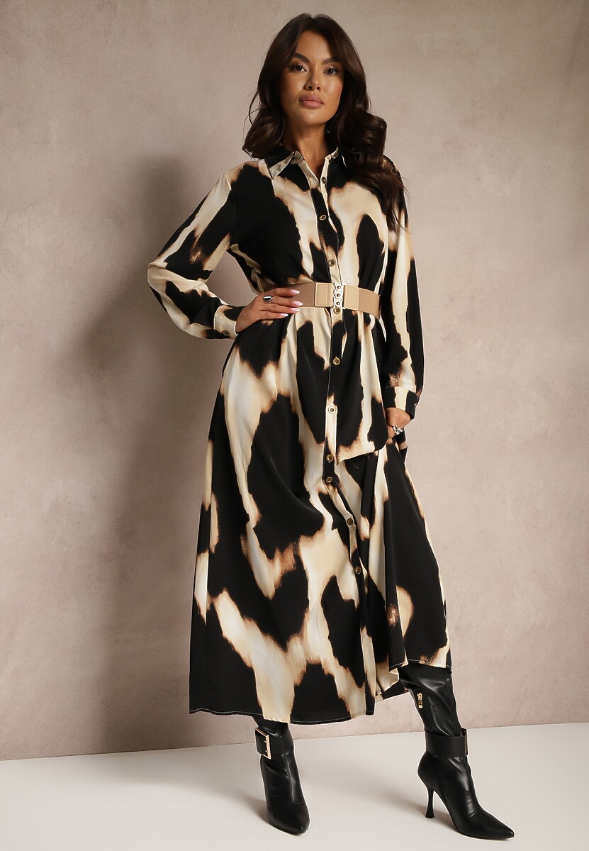 Beżowo-Czarna Koszulowa Sukienka w Panterkę Ozdobiona Paskiem Valentola