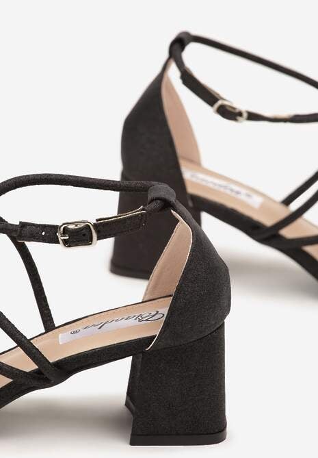 Czarne Brokatowe Sandały na Słupkowym Obcasie Dollinea