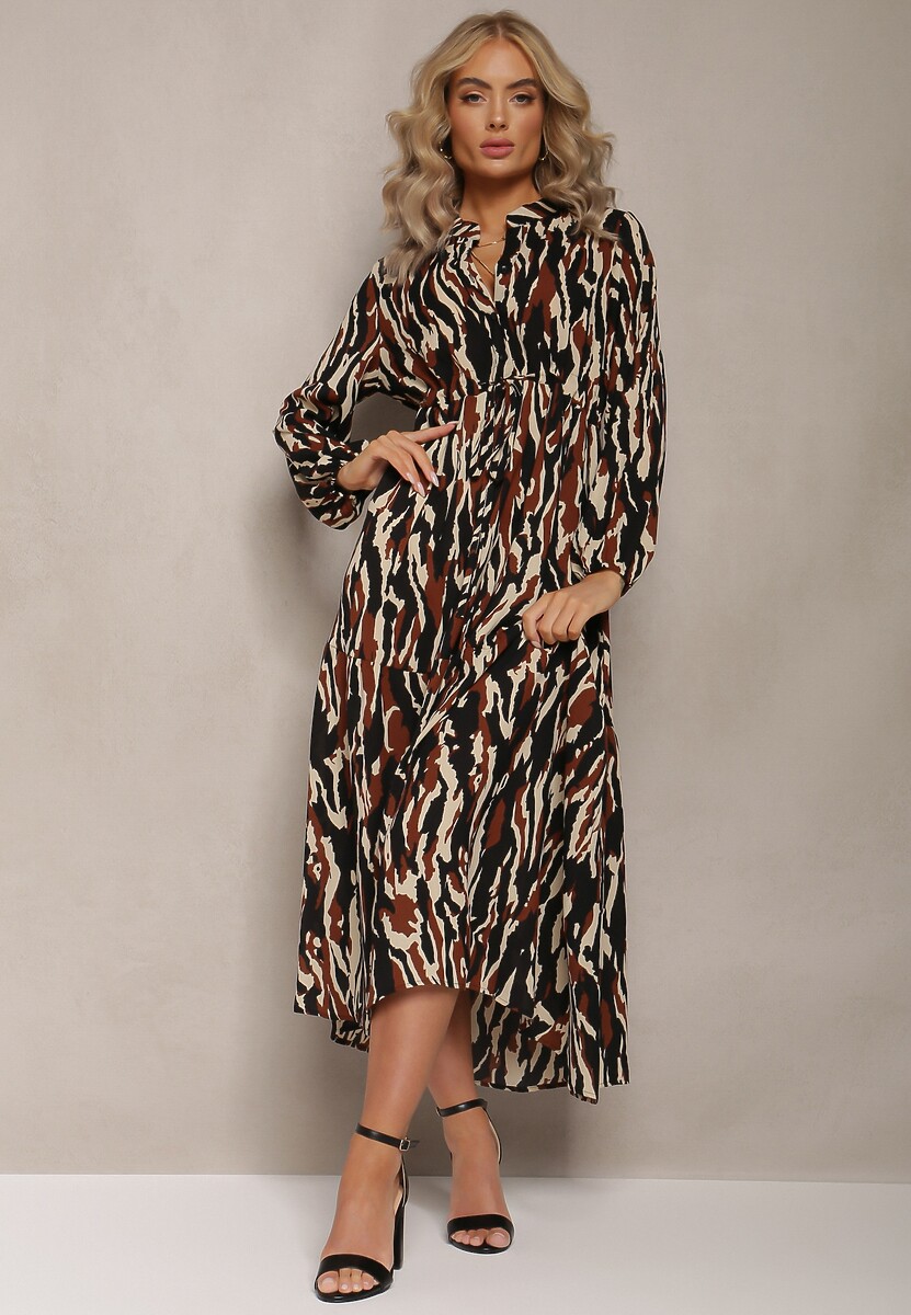 Czarna Sukienka Rozkloszowana w Abstrakcyjny Wzór Koso