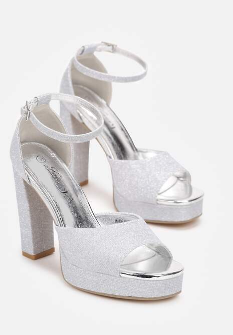 Srebrne Sandały Brokatowe na Słupku i Platformie Mudis