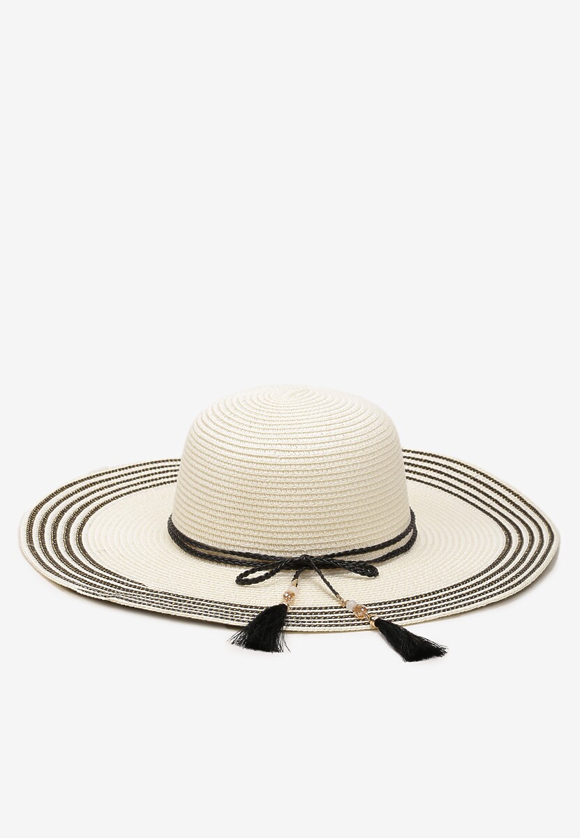 Ciemnobeżowy Kapelusz z Chwostami i Koralikami z Szerokim Rondem Vadala