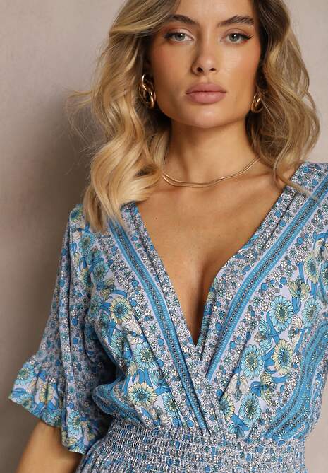 Niebieski Kopertowy Kombinezon Bawełniany z Cienkimi Gumeczkami w Pasie Zapinany na Szyi Orithiama