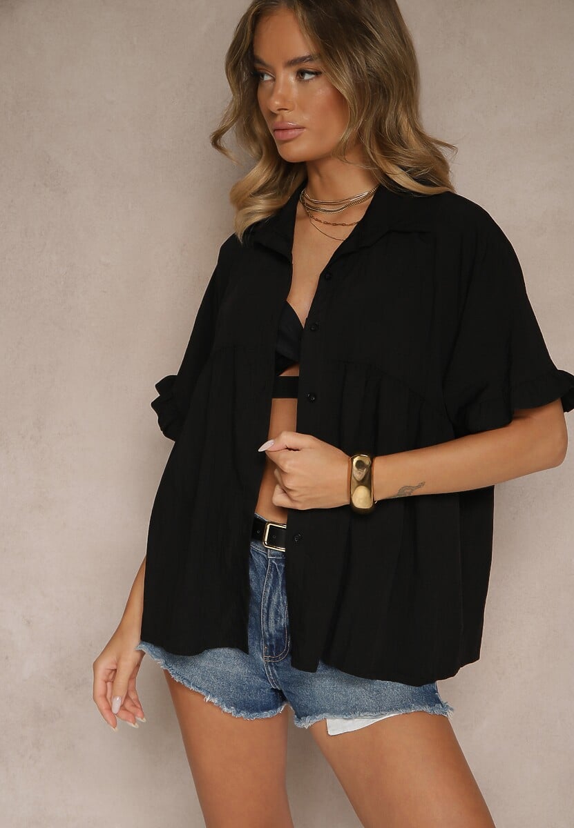 Czarna Koszula z Wiskozą Ozdobiona Falbankami Oleldi