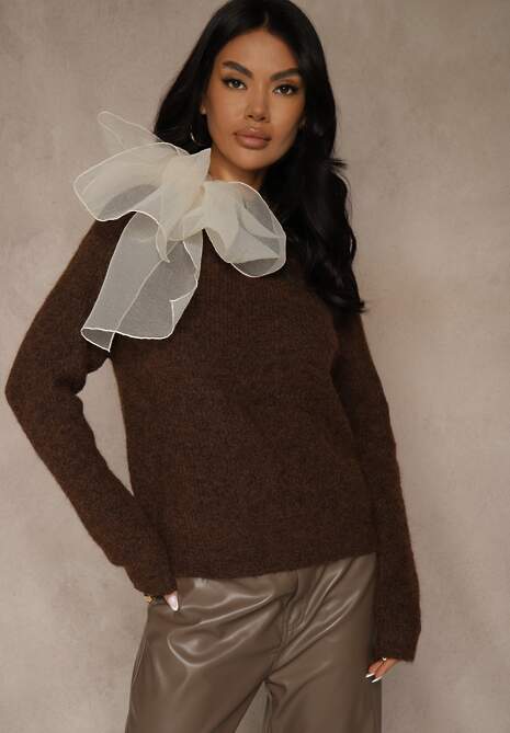 Brązowy Sweter z Dodatkiem Wełny Ozdobiony przy Szyi Wiązaniem Tusmele