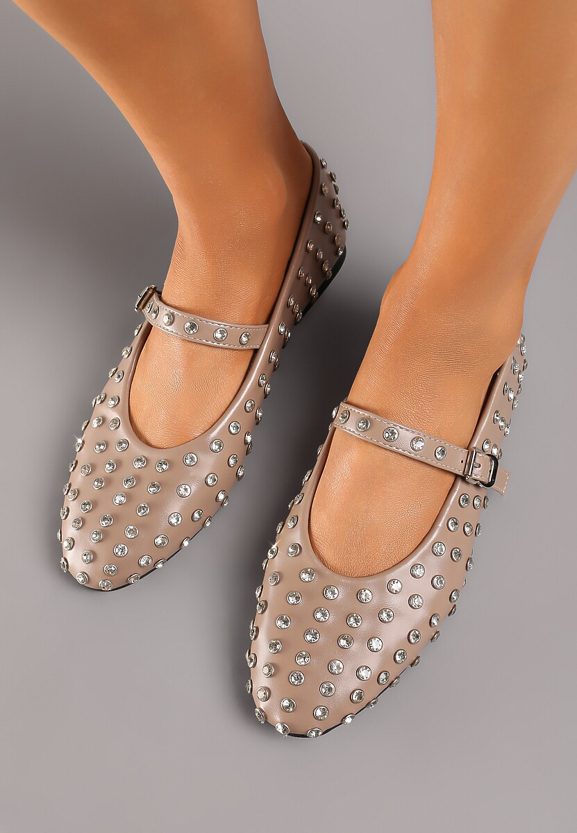 Ciemnobeżowe Cyrkoniowe Balerinki na Płaskiej Podeszwie z Ozdobnym Paskiem Bararia