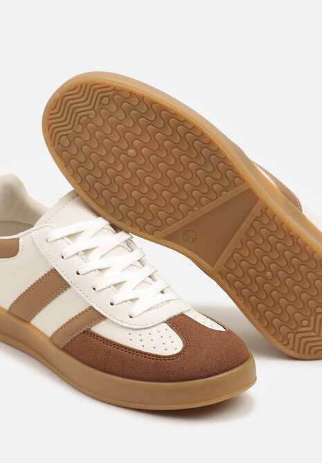 Beżowo-Białe Sneakersy w Stylu Klasycznych Tenisówek Zdobione Przeszyciami Ivelfia