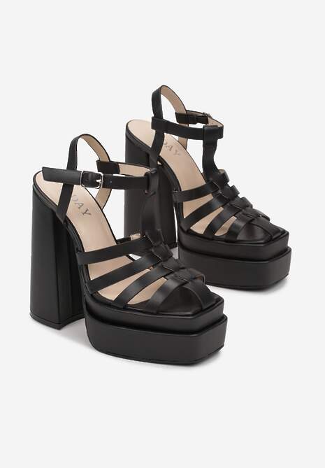 Czarne Sandały na Wysokim Słupku i Platformie z Kwadratowym Noskiem i Sprzączką Lakota