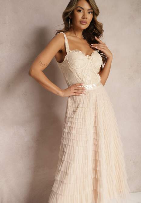 Jasnobeżowa Maxi Sukienka Rozkloszowana Sukienka na Ramiączkach z Gorsetową Górą Ocartia