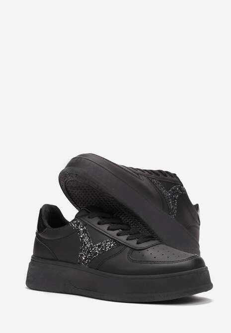 Czarne Sneakersy na Grubej Podeszwie przed Kostkę z Brokatowymi Wstawkami Dyla