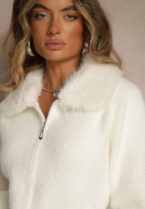 Jasnobeżowy Zasuwany Kardigan z Wełną z Futerkowym Kołnierzem Asiste