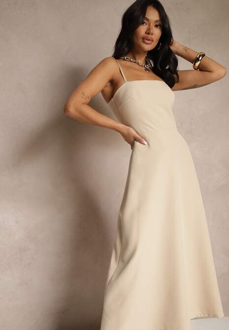 Beżowa Rozkloszowana Sukienka na Ramiączkach z Wywiniętym Dekoltem Jenavitia