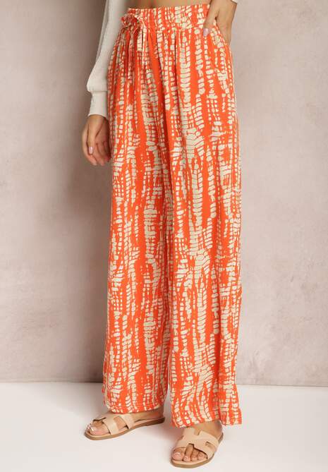 Pomarańczowe Spodnie z Szerokimi Nogawkami z Abstrakcyjnym Wzorem i Gumką w Pasie Sarieta