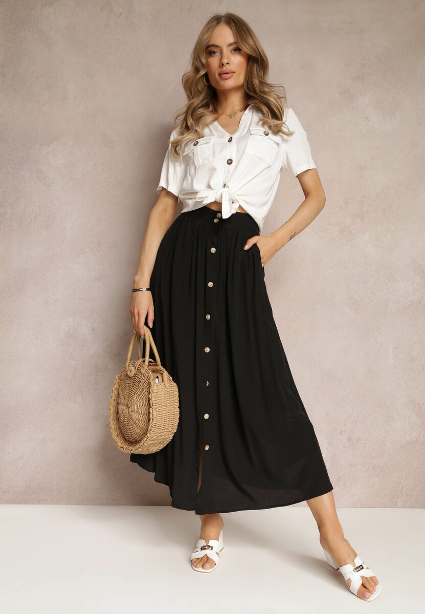 Czarna Rozkloszowana Spódnica Maxi z Gumką w Talii i Kieszeniami Kendrani