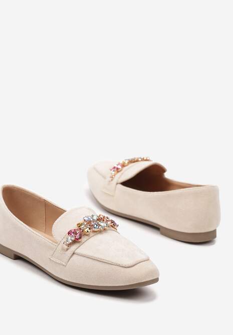 Beżowe Mokasyny z Ekozamszu z Klamerką z Cyrkonii i Kryształków Illarae