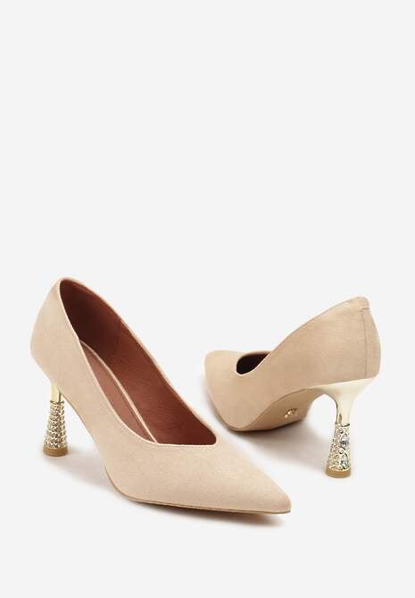 Beżowe Szpilki Vices z Wkładką ze Skóry Naturalnej Ozdobione Cyrkoniami Gioriana