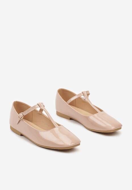 Beżowe Balerinki z Lakierowanym Połyskiem i Kwadratowym Noskiem Zapinane na Klamerkę Edalia
