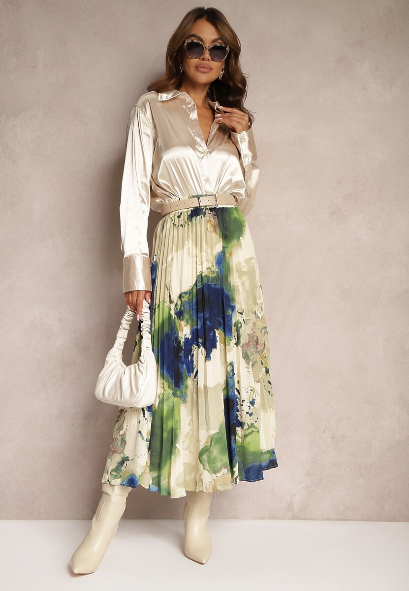 Granatowo-Zielona Spódnica z Plisowanej Tkaniny z Gumką w Talii Symbiote