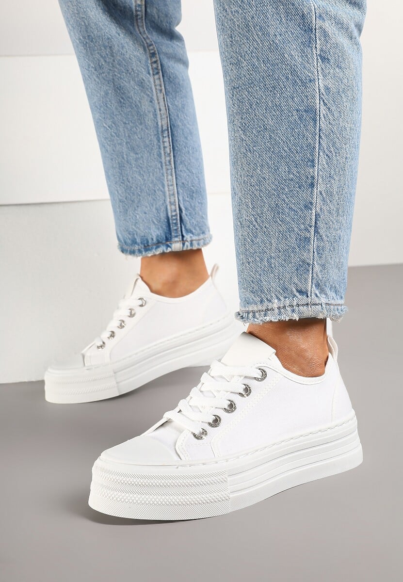 Białe Trampki na Niskiej Platformie Ozdobione Cyrkoniami Felelith