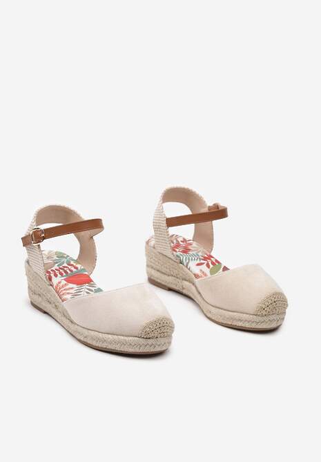 Beżowe Sandały Espadryle z Plecionką na Niewysokim Koturnie Debranella