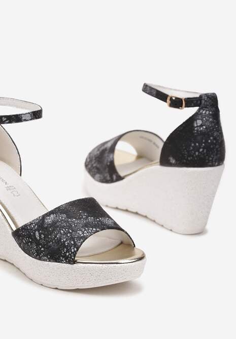 Czarne Sandały na Wysokim Koturnie i Platformie z Wkładką ze Skóry Naturalnej Folwi