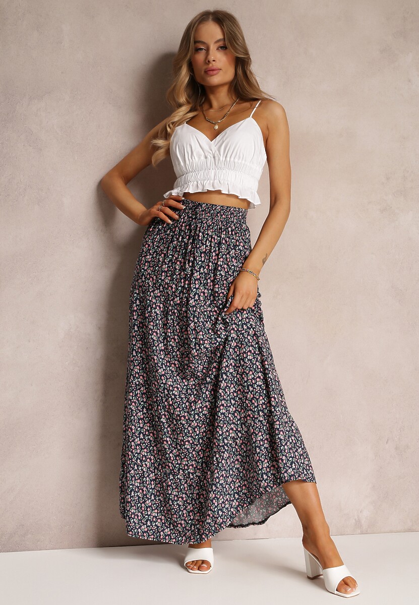 Granatowa Spódnica Maxi Bawełniana w Kwiatowy Wzór Rayegan